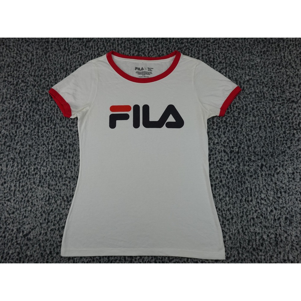 Fila Ringer‎ T-Shirt Womens Large White Athletic Graphic Logo Tee